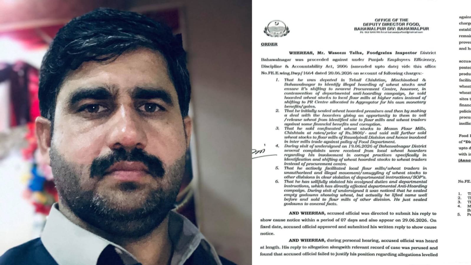 Punjab Food Department Dismisses Food Inspector in Bahawalnagar Wheat Scandal Over Corruption and Smuggling Charges